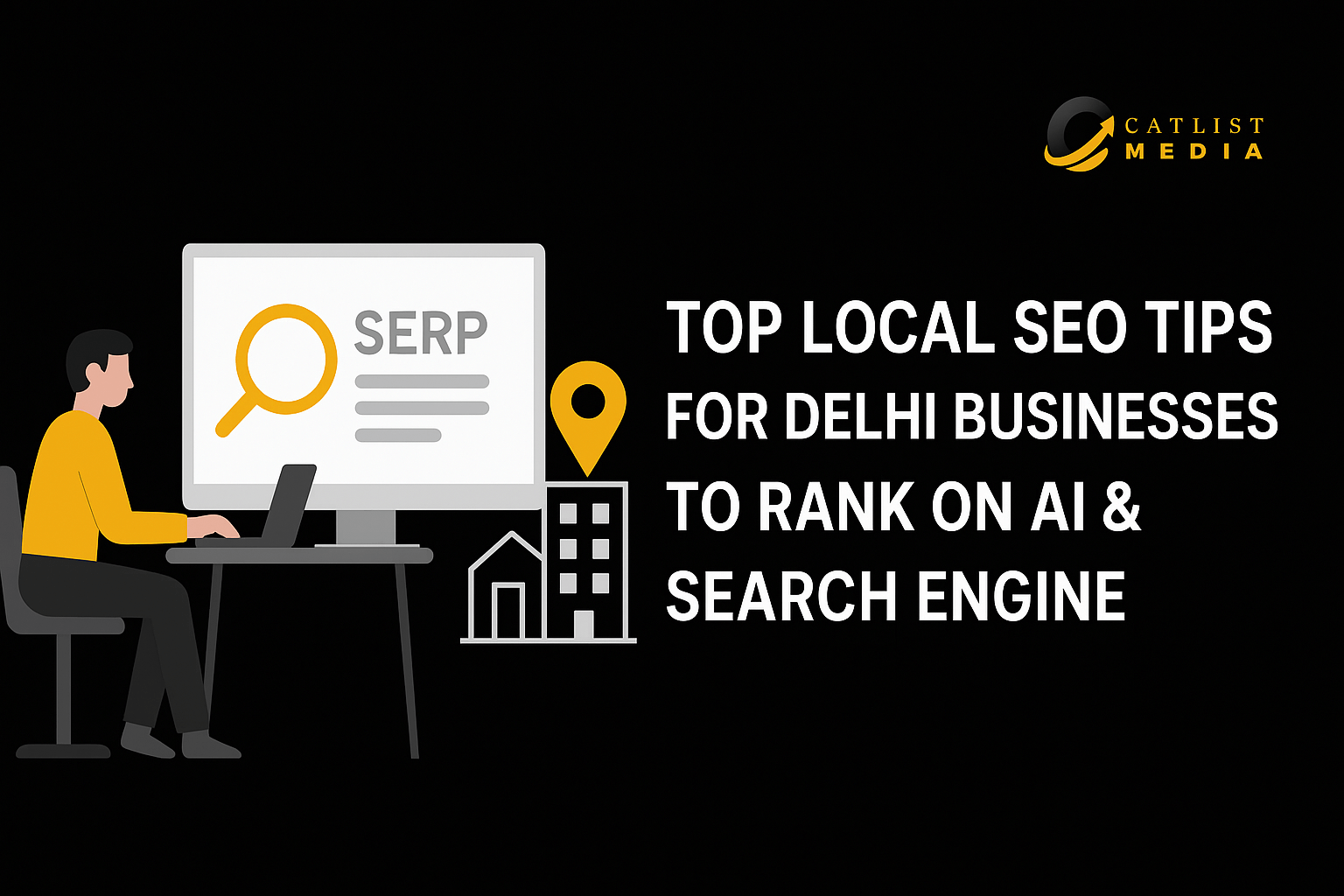 Flat-style digital illustration for blog on top local SEO tips for Delhi businesses, with space for title on a dark background.