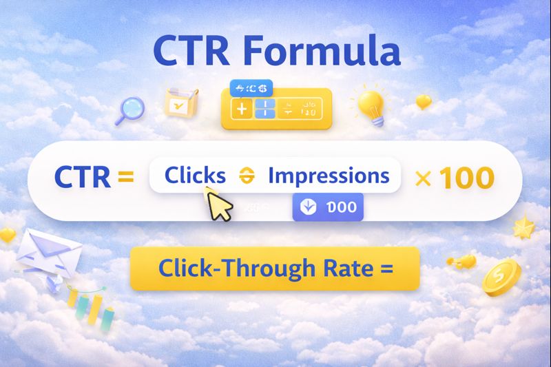 CTR formula showing Click-Through Rate calculation as clicks divided by impressions multiplied by 100