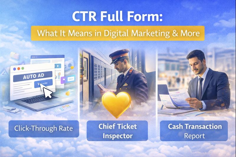 CTR full form explained showing Click Through Rate in digital marketing, Chief Ticket Inspector in railway, and Cash Transaction Report in banking