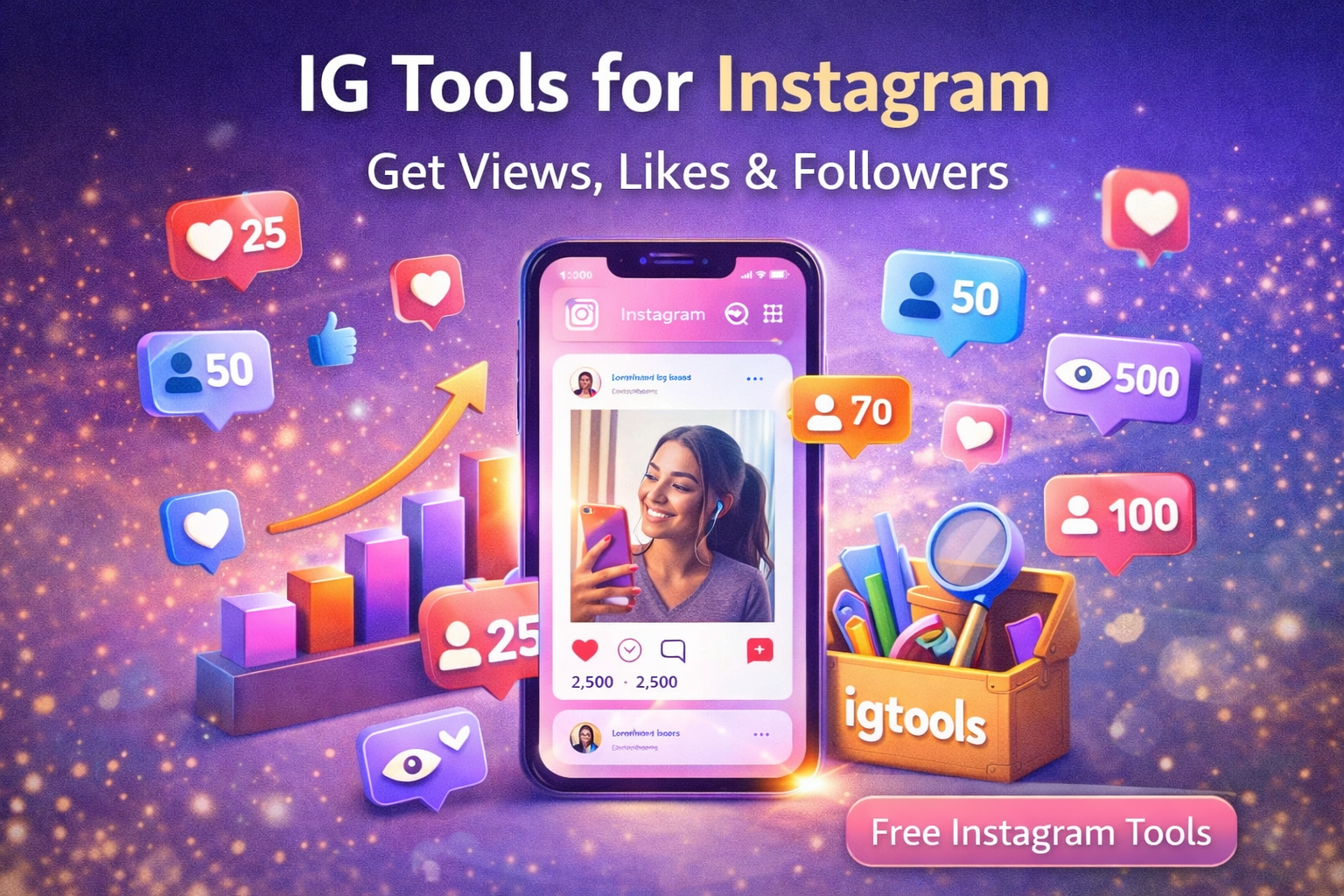 IG tools for Instagram showing increased views, likes, and followers with Instagram profile growth illustration