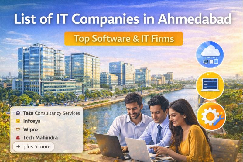 List of IT companies in Ahmedabad showing top software and IT firms with Ahmedabad cityscape background