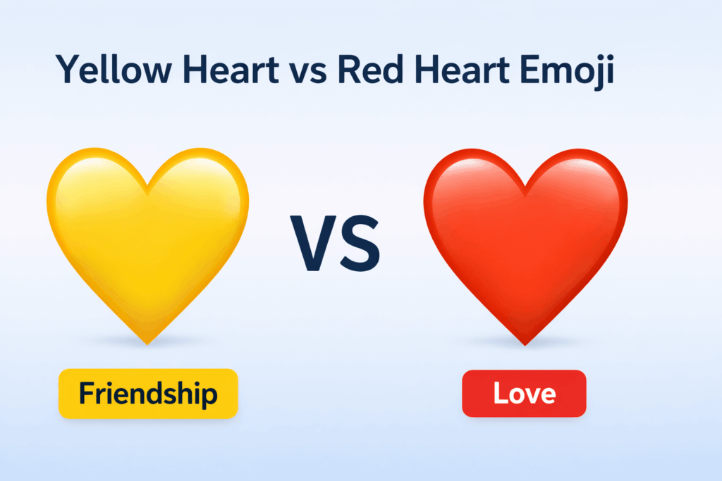 Yellow heart vs red heart emoji comparison showing friendship vs love meaning with large emoji icons and VS text in center