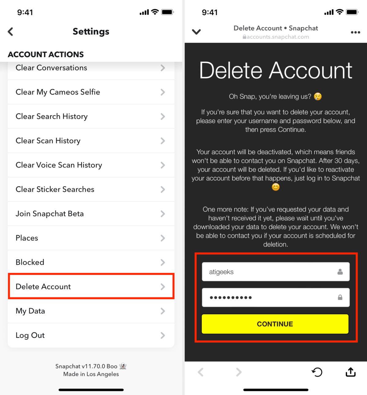 1 delete snapchat account